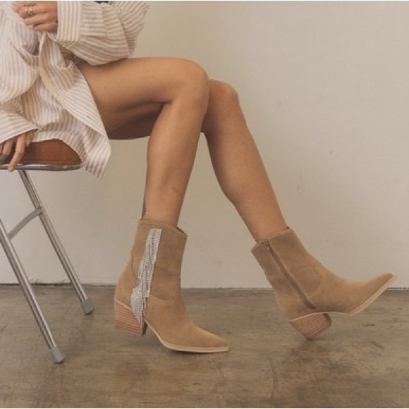 Elegant Tan Suede Ankle Boots with Fringe - Picture 5 of 5